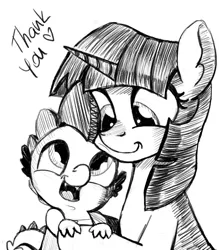 Size: 1280x1459 | Tagged: safe, artist:mamatwilightsparkle, derpibooru import, spike, twilight sparkle, dragon, pony, unicorn, baby, baby spike, cute, duo, duo male and female, female, heart, male, mama twilight, mama twilight sparkle, mare, monochrome, pencil drawing, simple background, spikabetes, text, thank you, the end, traditional art, tumblr, twiabetes, unicorn twilight, white background, wingless spike, younger