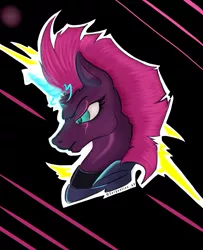 Size: 853x1051 | Tagged: safe, alternate version, artist:serpentine-69, derpibooru import, tempest shadow, pony, unicorn, abstract background, broken horn, bust, colored, eye scar, female, frown, horn, mare, scar, solo, sparking horn