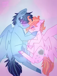 Size: 600x800 | Tagged: safe, artist:shinningblossom12, derpibooru import, oc, oc:rainbow ink, unofficial characters only, pegasus, pony, blushing, colored hooves, eyes closed, gay, hug, male, oc x oc, pegasus oc, shipping, stallion, wings