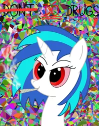 Size: 3016x3808 | Tagged: safe, alternate version, artist:rainbowšpekgs, derpibooru import, vinyl scratch, pony, unicorn, bloodshot eyes, bust, drugs, female, high, joint, marijuana, portrait, red eyes, smoking, solo, stoned