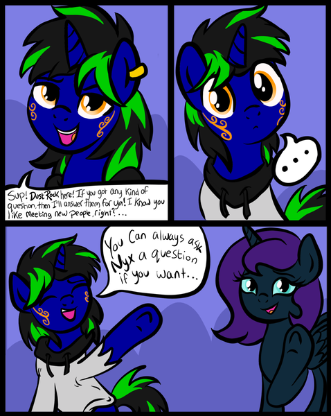 Size: 1280x1607 | Tagged: safe, artist:sjart117, derpibooru import, oc, oc:dust rock, oc:nyx, unofficial characters only, alicorn, unicorn, ask nyx, ask, ask dust rock, comic, introduction, permission given, rated pg-13, tumblr