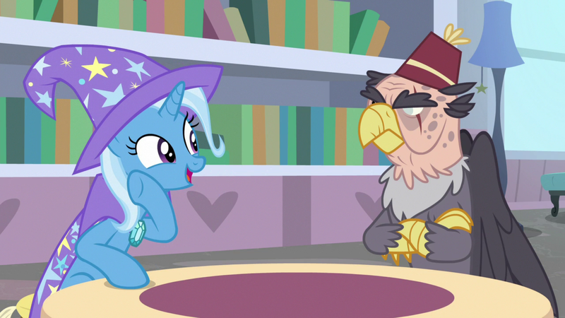 Size: 1920x1080 | Tagged: safe, derpibooru import, screencap, grampa gruff, trixie, gryphon, pony, unicorn, a horse shoe-in, blind eye, cape, clothes, duo, eye scar, female, fez, hat, male, mare, scar, trixie's cape, trixie's hat