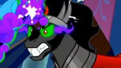 Size: 1280x720 | Tagged: safe, derpibooru import, screencap, king sombra, pony, unicorn, the beginning of the end, angry, attempted murder, blast, dark magic, desperate, fight, glowing horn, gritted teeth, horn, magic, male, satisfying frown, sombra eyes, stallion