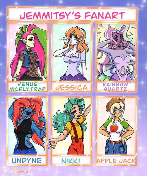 Size: 1080x1291 | Tagged: safe, artist:jemmitsy, derpibooru import, applejack, human, six fanarts, equestria girls, equestria girls series, camp camp, clothes, crossover, eyepatch, hand on hip, hat, jessica (rick and morty), monster high, nikki, overalls, rainbow quartz (steven universe), rick and morty, smiling, steven universe, undertale, undyne, venus mcflytrap