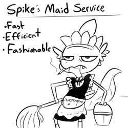 Size: 2250x2250 | Tagged: safe, artist:tjpones, derpibooru import, part of a set, spike, dragon, belly button, black and white, bucket, cigarette, clothes, crossdressing, grayscale, maid, maid headdress, monochrome, mop, simple background, smoking, solo, white background