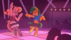 Size: 3840x2160 | Tagged: safe, artist:cowsrtasty, derpibooru import, oc, oc:blocky bits, oc:melody bash, earth pony, pony, unicorn, clothes, club, commission, concert, dancing, detailed background, earth pony oc, happy, horn, nightclub, rave, stage, unicorn oc