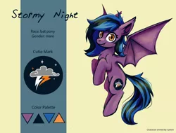 Size: 5000x3800 | Tagged: safe, artist:amy-gamy, derpibooru import, oc, oc:stormy night, unofficial characters only, bat pony, bat pony oc, bat wings, cutie mark, happy, night, oc batpony, purple, reference sheet, simple, simple background, smiling, wings