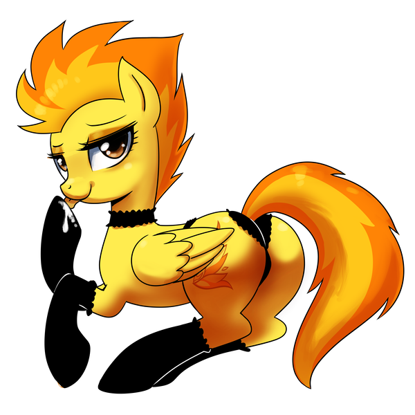 Size: 6300x6300 | Tagged: questionable, artist:johnjoseco, derpibooru import, spitfire, pegasus, pony, ask gaming princess luna, bedroom eyes, black underwear, butt, choker, clothes, commission, female, firebutt, image, licking, looking at you, looking back, looking back at you, mare, mysterious white liquid, panties, plot, png, raised tail, rear view, sexy, simple background, smiling, socks, solo, solo female, stockings, stupid sexy spitfire, tail, thigh highs, tongue out, underwear, white background