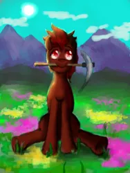 Size: 2121x2828 | Tagged: artist:melod-va, artist:melodybell, day, derpibooru import, mountain, mouth hold, oc, oc:mars miner, pickaxe, safe, scenery, solo, unofficial characters only