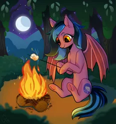 Size: 4000x4300 | Tagged: safe, artist:umgeee, derpibooru import, oc, oc:stormy night, unofficial characters only, bat pony, bat pony oc, bat wings, campfire, food, forest, happy, marshmallow, moon, night, night sky, sitting, sky, solo, wings