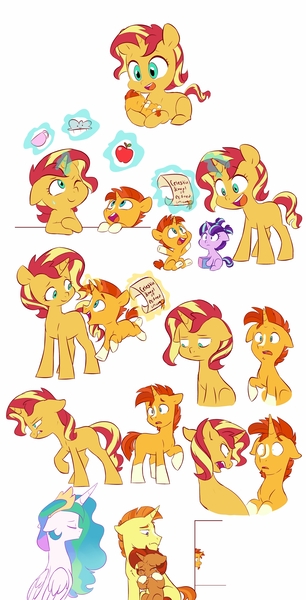 Size: 1920x3767 | Tagged: safe, artist:chub-wub, derpibooru import, princess celestia, starlight glimmer, stellar flare, sunburst, sunset shimmer, sunspot, alicorn, pony, unicorn, alternate universe, baby, baby pony, brother and sister, colt, colt sunburst, cute, female, filly, filly starlight glimmer, filly sunset shimmer, levitation, magic, male, siblings, sunny siblings, telekinesis, weapons-grade cute, younger