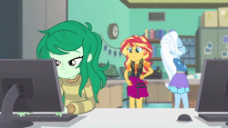 Size: 1280x720 | Tagged: safe, derpibooru import, edit, edited screencap, screencap, sunset shimmer, trixie, wallflower blush, equestria girls, equestria girls series, forgotten friendship, animated, five nights at freddy's, five nights at freddy's security breach, geode of empathy, glamrock freddy, magical geodes, montgomery gator, roxanne wolf, sound, sunset sees things, thehottest dog, webm