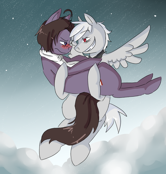 Size: 834x876 | Tagged: safe, artist:ask-pony-gerita, derpibooru import, oc, ponified, earth pony, pegasus, pony, blushing, bridal carry, carrying, clothes, cloud, female, flying, glasses, grin, hetalia, holding a pony, looking at each other, male, night, scarf, smiling, stars, straight, unamused