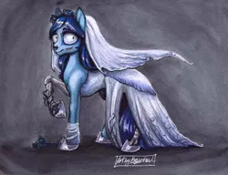 Size: 1546x1189 | Tagged: safe, artist:bazted, derpibooru import, ponified, earth pony, pony, clothes, corpse bride, creepy, dress, emily, female, mare, solo, the corpse bride