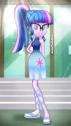 Size: 2000x3555 | Tagged: safe, artist:aryatheeditor, derpibooru import, sci-twi, twilight sparkle, equestria girls, bust, canterlot high, cutie mark, digital art, glasses, grin, heterochromia, looking at you, outfit, photo, portrait, pose, powerful sparkle, relaxed, sleeveless, smiling, smiling at you, solo, standing