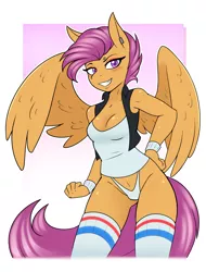 Size: 1890x2490 | Tagged: adorasexy, anthro, artist:ambris, belly button, blushing, breasts, busty scootaloo, cleavage, clothes, confident, cute, derpibooru import, ear piercing, earring, edit, editor:slayerbvc, eyebrow piercing, eyeshadow, female, hand on hip, jewelry, makeup, no pants, older, older scootaloo, panties, pegasus, piercing, scootaloo, sexy, socks, solo, suggestive, sweatband, tanktop, thigh highs, underwear, vest, white underwear