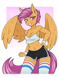 Size: 1890x2490 | Tagged: 2010s, 2019, adorasexy, anthro, artist:ambris, belly button, blushing, breasts, busty scootaloo, cleavage, clothes, confident, cute, derpibooru import, ear piercing, earring, edit, editor:slayerbvc, eyebrow piercing, eyeshadow, female, gym shorts, hand on hip, high socks, jewelry, makeup, multicolored background, off shoulder, older, older scootaloo, orange fur, pegasus, piercing, purple eyes, purple mane, purple tail, scootaloo, sexy, shorts, smiling, smiling at you, socks, solo, spaghetti strap, sports bra, sports shorts, suggestive, sweatband, tanktop, thigh highs, tomboy, vest, zettai ryouiki