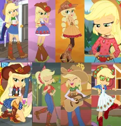 Size: 1111x1157 | Tagged: safe, derpibooru import, edit, screencap, applejack, dance magic, equestria girls, equestria girls (movie), equestria girls series, festival filters, five to nine, friendship through the ages, legend of everfree, spoiler:eqg series (season 2), spoiler:eqg specials, bare shoulders, beautiful, boots, camp fashion show outfit, clothes, collage, cowboy boots, cowboy hat, cowgirl, cowgirl outfit, cowgirl style, cute, dance magic (song), hat, jackabetes, music festival outfit, shoes, sleeveless, strapless, this is our big night