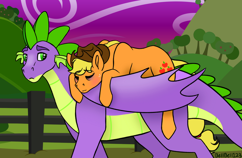 Size: 3164x2062 | Tagged: safe, artist:bellbell123, derpibooru import, applejack, spike, dragon, earth pony, pony, applespike, bags under eyes, eyes closed, female, fence, high res, male, mare, older, older spike, ponies riding dragons, prone, riding, shipping, sleeping, straight, tired, winged spike