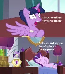 Size: 1280x1440 | Tagged: alicorn, a royal problem, ballerina, clothes, derpibooru import, edit, edited screencap, facehoof, faic, gilbert and sullivan, hyperventilating, ruddigore, safe, screencap, speech, starlight glimmer, talking, tutu, twilarina, twilighting, twilight sparkle, twilight sparkle (alicorn), unsound effect