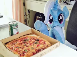 Size: 1024x768 | Tagged: safe, artist:nekokevin, derpibooru import, trixie, pony, unicorn, can, female, food, irl, looking at you, mare, photo, pizza, pizza box, plushie, pointing, raised hoof, sitting, smiling, solo, underhoof