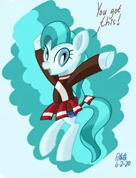 Size: 1044x1364 | Tagged: safe, artist:notadeliciouspotato, derpibooru import, lighthoof, earth pony, pony, abstract background, bipedal, cheerleader, cheerleader outfit, clothes, female, mare, open mouth, pleated skirt, raised hoof, signature, skirt, smiling, solo, talking