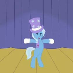 Size: 700x700 | Tagged: safe, artist:marim87, derpibooru import, trixie, pony, unicorn, bipedal, clothes, cute, diatrixes, eyes closed, female, gloves, happy, hat, mare, solo, stage, top hat, vest