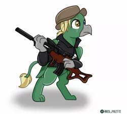 Size: 1280x1153 | Tagged: safe, artist:redpalette, derpibooru import, oc, oc:arcturus aquila, gryphon, fallout equestria, griffon oc, gun, weapon