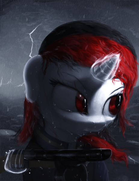 Size: 3050x3960 | Tagged: semi-grimdark, artist:vultraz, derpibooru import, oc, oc:blackjack, pony, unicorn, fallout equestria, fallout equestria: project horizons, bleeding, blood, dramatic lighting, fanfic art, female, gun, injured, levitation, lightning, magic, rain, shotgun, solo, telekinesis, thunderstorm, weapon, wet, wet mane