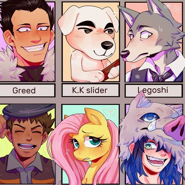 Size: 1080x1080 | Tagged: safe, alternate version, artist:daxratchet, derpibooru import, fluttershy, anthro, dog, human, pegasus, pig, pony, wolf, six fanarts, animal crossing, anthro with ponies, beastars, brock, bust, crossover, dark skin, eyelashes, female, fullmetal alchemist, grin, guitar, hashibira inosuke, hat, k.k. slider, kimetsu no yaiba, legosi (beastars), male, mare, mask, musical instrument, open mouth, pokémon, smiling