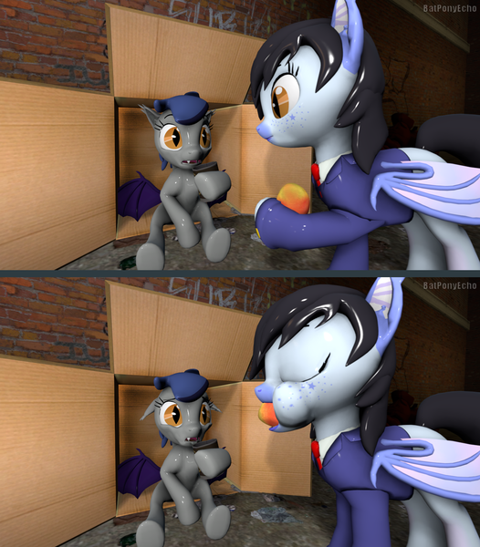 Size: 1279x1458 | Tagged: safe, artist:batponyecho, derpibooru import, oc, oc:echo, oc:mitzy, unofficial characters only, bat pony, pony, 3d, about to cry, alleyway, bat pony oc, bat wings, box, can, clothes, comic, cruel, duo, eating, female, food, homeless, mango, mare, nope, poor, sad, sfm pony, source filmmaker, spread wings, wings