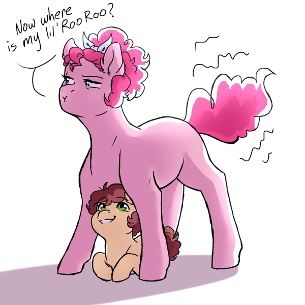 Size: 768x768 | Tagged: safe, artist:vennyredmoon, deleted from derpibooru, derpibooru import, pinkie pie, oc, oc:macaroni, pony, colt, female, hiding, male, mama pinkie, missing cutie mark, mother and child, mother and son, offspring, parent:cheese sandwich, parent:pinkie pie, parents:cheesepie, simple background, twitchy tail, white background