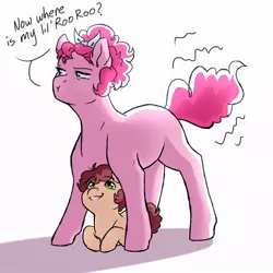 Size: 768x768 | Tagged: safe, artist:vennyredmoon, deleted from derpibooru, derpibooru import, pinkie pie, oc, oc:macaroni, pony, colt, female, hiding, male, mama pinkie, missing cutie mark, mother and child, mother and son, offspring, parent:cheese sandwich, parent:pinkie pie, parents:cheesepie, simple background, twitchy tail, white background