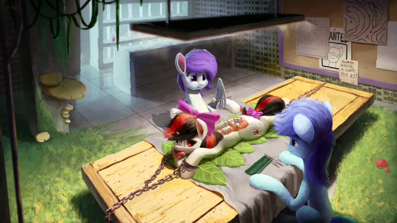 Size: 2155x1212 | Tagged: suggestive, artist:smg11ddj, derpibooru import, oc, oc:blackjack, oc:morning glory (project horizons), oc:p-21, pegasus, pony, unicorn, fallout equestria, fallout equestria: project horizons, concept art, fanfic art, food, horn, misleading thumbnail, nyotaimori, small horn