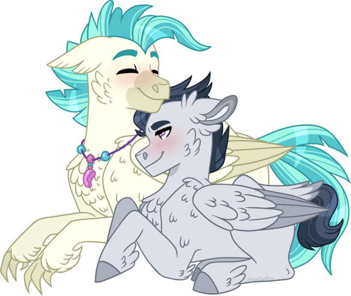 Size: 974x820 | Tagged: safe, artist:artistcoolpony, derpibooru import, rumble, terramar, classical hippogriff, hippogriff, pegasus, pony, chest fluff, colt, crack shipping, cuddling, cute, gay, male, rumblebetes, rumblemar, shipping, simple background, terrabetes, transparent background