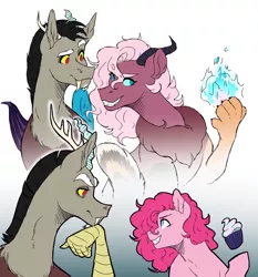 Size: 1192x1280 | Tagged: safe, artist:vennyredmoon, deleted from derpibooru, derpibooru import, discord, pinkie pie, oc, oc:chaos reigns, draconequus, pony, fire, younger