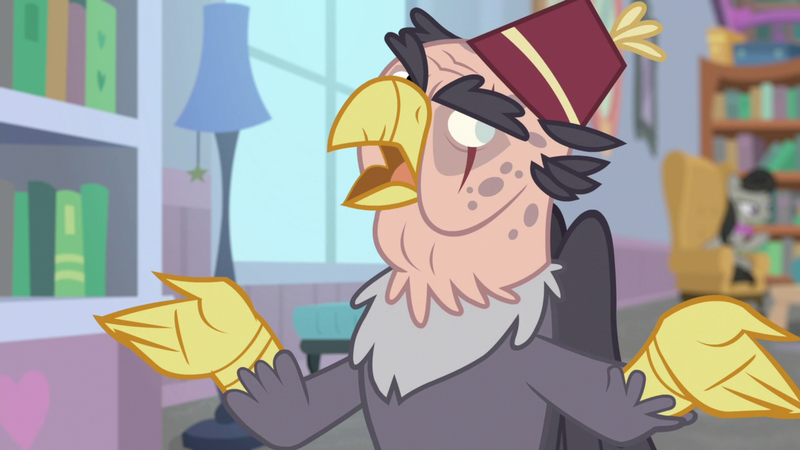 Size: 1920x1080 | Tagged: safe, derpibooru import, screencap, grampa gruff, gryphon, a horse shoe-in, blind eye, eye scar, fez, hat, male, scar, solo, spread arms