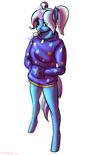 Size: 3000x5000 | Tagged: safe, artist:novaastralis, derpibooru import, trixie, anthro, unguligrade anthro, unicorn, alternate hairstyle, babysitter trixie, candy, clothes, female, food, glowing horn, hands in pockets, hoodie, horn, levitation, lollipop, magic, mare, simple background, solo, telekinesis, tongue out, transparent background
