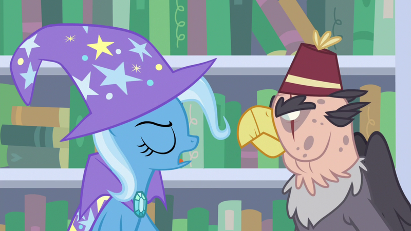 Size: 1920x1080 | Tagged: safe, derpibooru import, screencap, grampa gruff, trixie, gryphon, pony, unicorn, a horse shoe-in, blind eye, cape, clothes, duo, eye scar, eyes closed, female, fez, hat, male, mare, scar, trixie's cape, trixie's hat