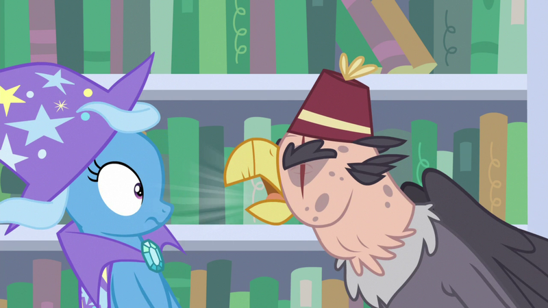 Size: 1920x1080 | Tagged: safe, derpibooru import, screencap, grampa gruff, trixie, gryphon, pony, unicorn, a horse shoe-in, cape, clothes, duo, eye scar, eyes closed, female, fez, hat, male, mare, scar, trixie's cape, trixie's hat, yelling