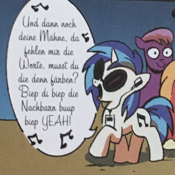 Size: 2048x2039 | Tagged: safe, artist:andypriceart, derpibooru import, big macintosh, unnamed character, unnamed pony, vinyl scratch, earth pony, pony, unicorn, spoiler:comic09, background pony, die ärzte, earbuds, female, german, male, mare, music notes, singing, solo focus, song parody, song reference, stallion, the beatles