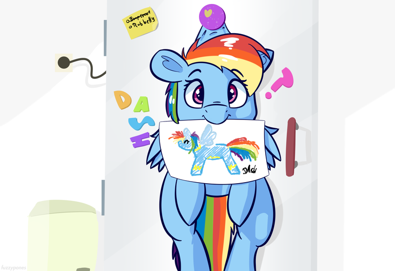 Size: 2100x1440 | Tagged: safe, artist:fuzzypones, derpibooru import, rainbow dash, pegasus, pony, cute, dashabetes, drawing, female, hanging, implied boop, magnet, refrigerator, scruff, scruffed, solo