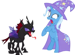 Size: 4109x3000 | Tagged: safe, artist:cloudyglow, derpibooru import, pharynx, trixie, changeling, pony, unicorn, to change a changeling, fangs, female, forked tongue, high res, male, mare, shocked expression, simple background, tongue out, transparent background, vector