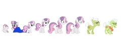 Size: 6881x2160 | Tagged: artist needed, safe, artist:estories, artist:jeatz-axl, artist:magister39, artist:sonofaskywalker, derpibooru import, apple bloom, granny smith, scootaloo, sweetie belle, earth pony, pony, unicorn, for whom the sweetie belle toils, growing up is hard to do, where the apple lies, 5-year-old sweetie belle, adult, age progression, baby, baby pony, clothes, cutie mark, cutie mark crusaders, dress, elderly, female, filly, infant, lipstick, makeup, older, older sweetie belle, reference sheet, simple background, teenager, transparent background, younger