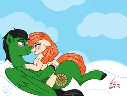 Size: 2160x1620 | Tagged: suggestive, artist:ezralight, derpibooru import, oc, oc:karma, oc:noodle, unofficial characters only, blushing, cloud, cute, freckles, looking at each other, tongue out