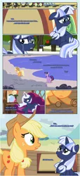 Size: 1919x4225 | Tagged: safe, artist:estories, derpibooru import, applejack, twilight sparkle, twilight sparkle (alicorn), oc, oc:holly, oc:silverlay, alicorn, earth pony, pony, unicorn, comic:a(pple)ffection, applejack's hat, comic, cowboy hat, crying, hat, show accurate, train