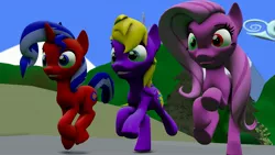 Size: 4195x2360 | Tagged: safe, artist:fazbearsparkle, derpibooru import, oc, oc:bannie, oc:fazbearsparkle, oc:opandtsfan, earth pony, pegasus, unicorn, 3d, earth pony oc, female, grin, horn, male oc, pegasus oc, run, smiling, source filmmaker, trio, trio oc, unicorn oc, wings