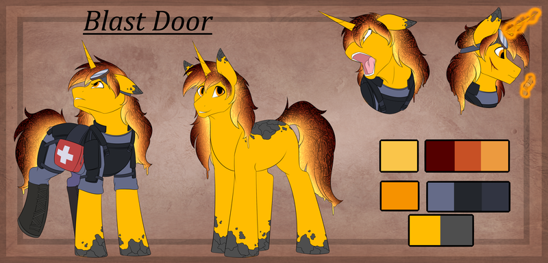 Size: 5232x2514 | Tagged: safe, artist:corwolf, derpibooru import, oc, oc:blast door, unofficial characters only, pony, unicorn, fallout equestria, bandage, black mane, black tail, clothes, fallout, fallout equestria oc, fiery mane, food, glowing horn, goggles, horn, looking at you, magic, magma, male, medic, medkit, older, orange, orange mane, orange tail, reference sheet, simple background, solo, stallion, unicorn oc, vault security armor