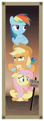 Size: 1024x2803 | Tagged: safe, alternate version, artist:icaron, derpibooru import, applejack, fluttershy, rainbow dash, earth pony, pegasus, pony, crossover, peril, pile, pony pile, quicksand, show accurate, stretching portrait, teary eyes, the haunted mansion, tower of pony, trio, wide eyes, worried