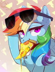 Size: 1100x1450 | Tagged: safe, artist:hakkerman, derpibooru import, rainbow dash, pegasus, pony, chest fluff, ear fluff, eyebrows, eyebrows visible through hair, female, food, image, jpeg, mare, mouth hold, pizza, slice of pizza, solo, sunglasses, that pony sure does love pizza, tomato